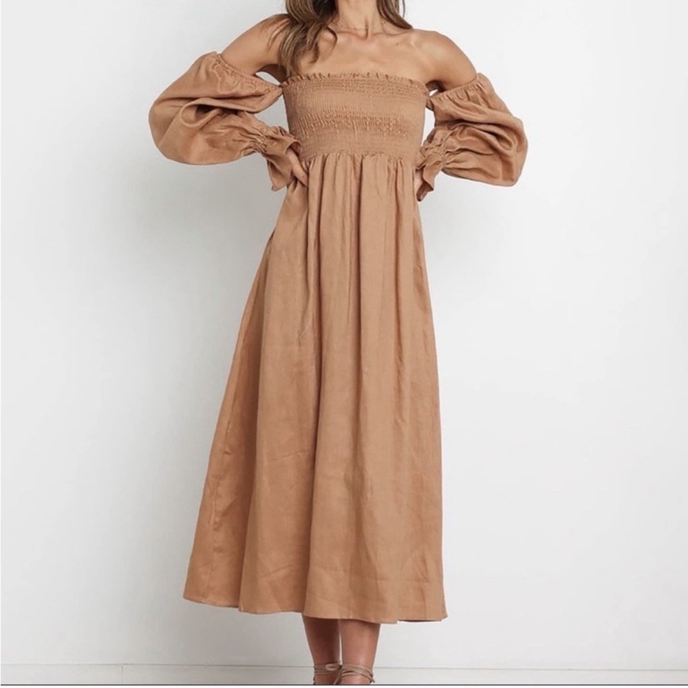 Petal & Pup‎ Domenica Linen Dress 4 Tan Smocked Puff Sleeve Cottagecore Resort